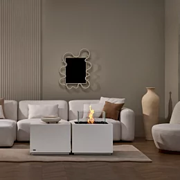EcoSmart Fire Sidecar 24 Fire Table brings clean-burning ethanol warmth to a private residence living room, serving as a sleek graphite concrete centrepiece.