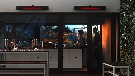 Heatscope Heaters Pure 3000W Radiant Heater detail CGI shows a slim wall‑mounted ceramic glass electric infrared panel.